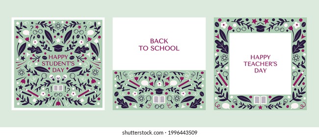 Set of postcards. Back to school. Student's day. Teacher's day. Gift idea. Festive elements. Doodle invitation.Vector illustrations