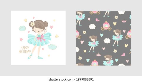 A set postcards Ballet for a Happy Birthday. Cute ballerinas, flowers, plants, patterns. Vector illustration.