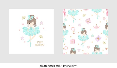 A set postcards Ballet for a Happy Birthday. Cute ballerinas, flowers, plants, patterns. Vector illustration.