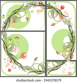 A set of postcards and banners with pink tulip flowers in a circle. In the center is the place of the inscription.Retro style. For a wedding, birthday, holiday.For Valentine's Day and March 8. Mother'