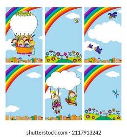Set postcards and banners with sky clouds and rainbow. Happy children smiling in a hot air balloon with a hobby over the city. Space for text	