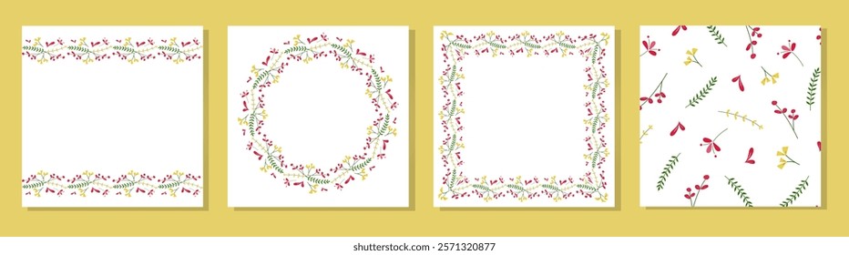 Set of postcards with beautiful delicate flowers. Round, rectangular floral frames, and seamless pattern. Templates for card, poster, flyer, banner, cover, background, label, and tag.
