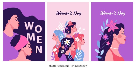 A set of postcards. beautiful women with flowers in their hair. Side view of the girls. International Women's Day. Equality and feminism