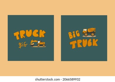 A set of postcards Big Trucks. Children's illustration with cartoon transport. Trucks for the delivery of heavy loads. Vector illustration