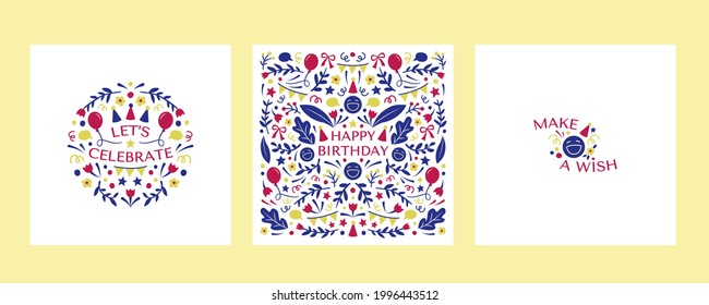 Set of postcards for birthday. Gift idea. Festive elements. Doodle invitation.Vector illustrations