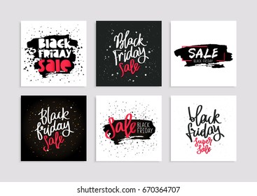 Set of postcards to Black Friday. Super sale. Discounts. Vector illustration. Lettering and calligraphy