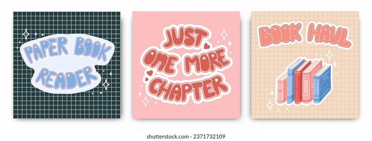 Juego de postales para los amantes de los libros. Cartas con letras y un montón de libros para leer en diseño plano. Día Mundial del Libro. Vector.
