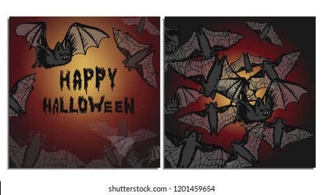 A set of postcards and buns with a flock of bats flying in the dark night, illuminated by lights from the celebration of Halloween. These blood-sucking mice have terrible fangs and translucent wings.
