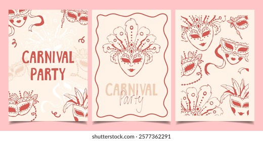 Set of postcards with carnival masks. Carnival party. Template of invitations, flyer, poster