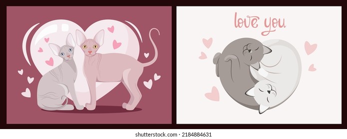 A Set Of Postcards With Cats And Hearts. Love You. Cartoon Design.
