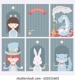 Set of postcards with characters of Wonderland. Alice in Wonderland, White rabbit, Mad Hatter, Caterpillar. Vector posters, cards