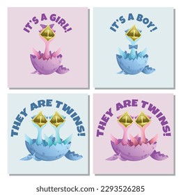 A set of postcards with chickens hatched from an egg to announce the gender of the expected (born) baby (girl, boy, twins, girls, boys) - vector illustration, cartoon, childish style