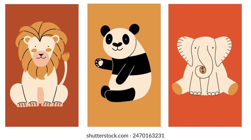Set von Postkarten mit wilden Tieren der Kinder. Löwe, Panda, Elefant