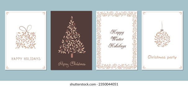 Un conjunto de postales. Tarjeta de Navidad. Árbol de Navidad, decoración de árbol de Navidad, regalo de Navidad. Postal para varias ocasiones