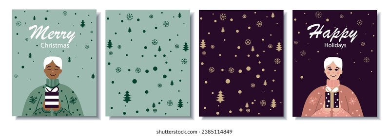 Set of postcards for Christmas and New Year 2 sides. Minimalistic background for greetings, banners, covers. Greeting card design template for printing