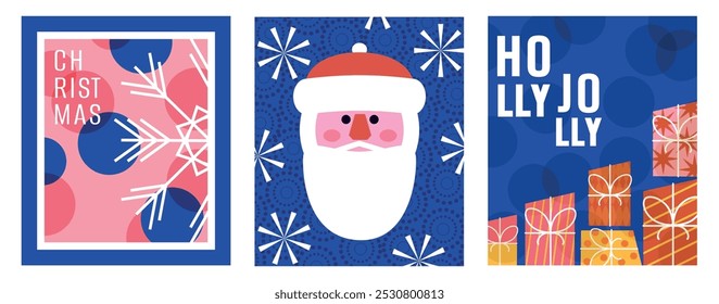 Set of postcards. Christmas and New Year. Frame and shape. Elements and figures. Neo geometric. Modern trendy minimalistic design. Hand drawn and doodle. Xmas. Cut out. Simple style. Santa Claus. Flat