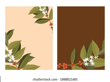 A set of postcards with coffee branch with leaves and berries. Flat cartoon style vector illustration