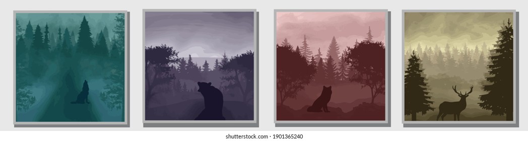 A set of postcards. Collection of posters. Animals in the forest. Landscape image. Second illustration of animals in the forest. Bear. Deer. Fox. Wolf. Collection of vector illustrations.