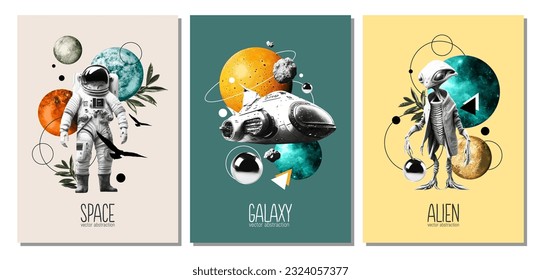 Set of postcards.  Cosmic abstraction. Stylish modern design for a poster, postcard, clothing print, banner, cover or brochure. Alien, astronaut and planets