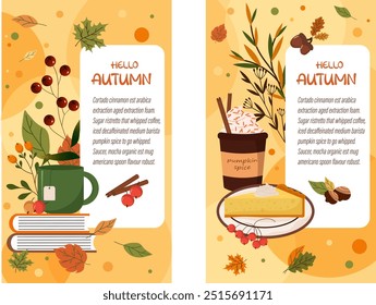 Postkartenset - gemütlicher Herbst. Herbstpflanzen mit Blättern und Beeren. Tasse mit heißem Getränk, Kürbiskuchen und Kakao. Vektorgrafik