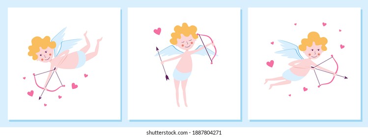 Set of postcards with cupids. Lovely cupids with arrows and bows. Hearts. Illustration for Valentine's Day.