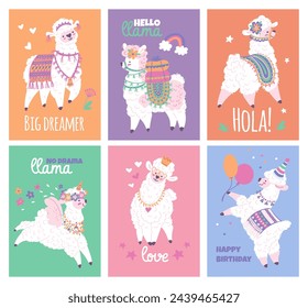 Set of postcards with cute alpacas flat style, vector illustration isolated on white background. Decorative designs with text collection, funny animas, happy birthday