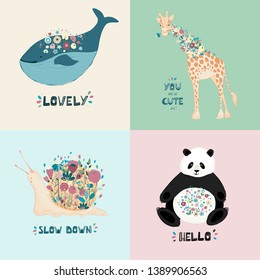 A set of postcards with cute animals, flowers and hand lettering. Giraffe, panda, snail, whale for poster print on clothes. Vector