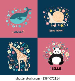 A set of postcards with cute animals, flowers and hand lettering. Giraffe, panda, snail, whale for poster print on clothes. Vector