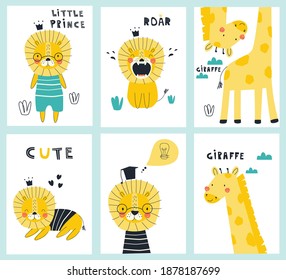 A set of postcards with cute animals lion and giraffe isolated on a white background. vector illustration in a modern cartoon style, for printing on packaging paper, postcard, poster, banner, clothing