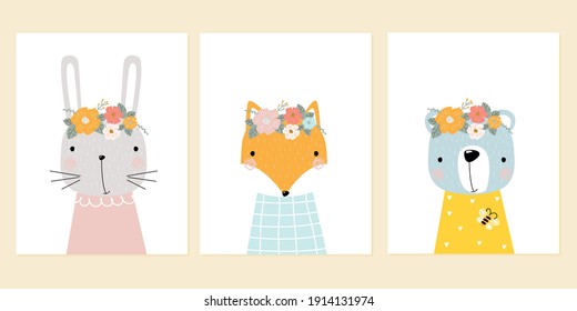 A set of postcards with cute animals rabbit, fox and bear with flowers on a white background. Vector illustration for printing on clothing, packaging paper, postcards, posters, banners.