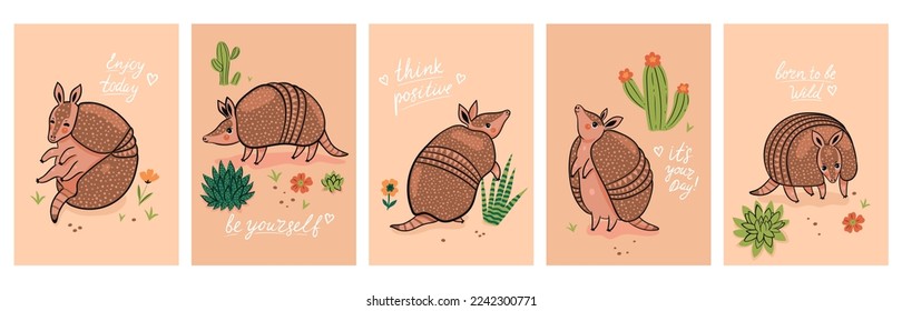 A set of postcards with cute armadillos and inscriptions. Vector graphics.