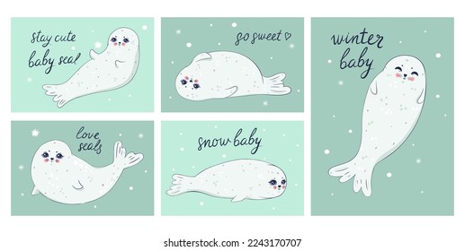A set of postcards with cute baby seals and inscriptions. Vector graphics.