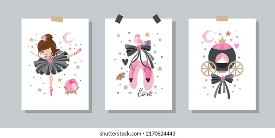 Legen Sie Postkarten fest. Cute Ballerina auf dem Hintergrund von Sternen, Wolken und Herzen. Vektorgrafik in einem einfachen Stil.