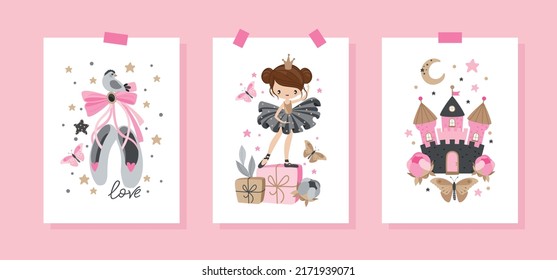 Set postcards. Cute ballerina on the background of stars, clouds and hearts. Vector illustration in a simple style.
