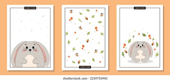 Set of postcards with cute bunny, set of postcards with wild animals, set of A4 illustrations for poster with cute vector bunny, animals in the forest