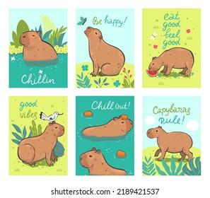 Set of postcards with cute capybaras. Vector graphics.