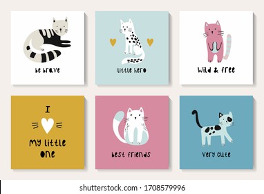 A set of postcards with a cute cats. Suitable for postcards, posters, printing, children's room. Creative vector childish background for fabric, textile