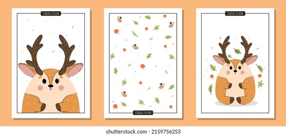 Set of postcards with cute deer, set of postcards with wild animals, set of A4 illustrations for poster with cute vector deer, animals in the forest