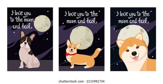 Un juego de postales con perros lindos. Te amo a la luna y de vuelta. Diseño de caricaturas.
