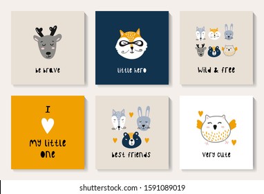 A set of postcards with a cute forest animals. Suitable for postcards, posters, printing, children's room. Creative vector childish background for fabric, textile