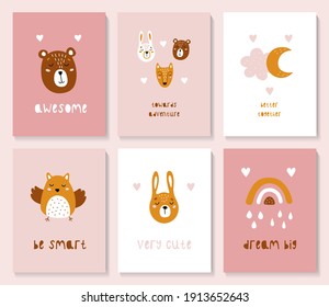 A set of postcards with a cute forest animals. Suitable for postcards, posters, printing, children's room. Creative vector childish background for fabric, textile