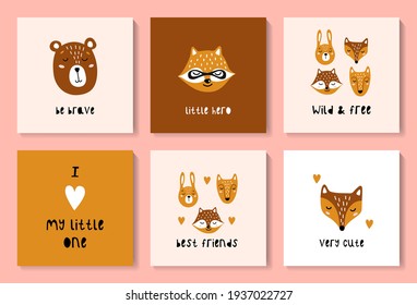 A set of postcards with a cute forest animals. Fox, hare, wolf, bear, raccoon. Suitable for postcards, posters, printing, children's room. Creative vector childish background for fabric, textile