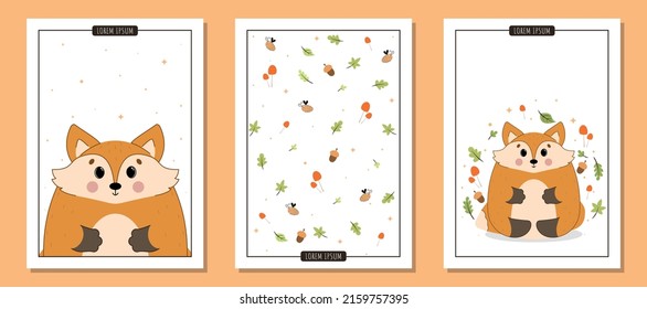 Set of postcards with cute fox, set of postcards with wild animals, set of A4 illustrations for poster with cute vector fox, animals in the forest