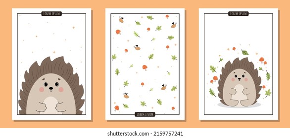 Set of postcards with cute hedgehog, set of postcards with wild animals, set of A4 illustrations for poster with cute vector hedgehog, animals in the forest