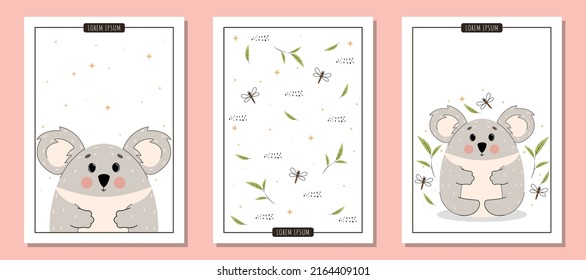 Set of postcards with cute koala, set of postcards with animals of Australia, set of A4 illustrations for poster with cute vector koala and eucalyptus