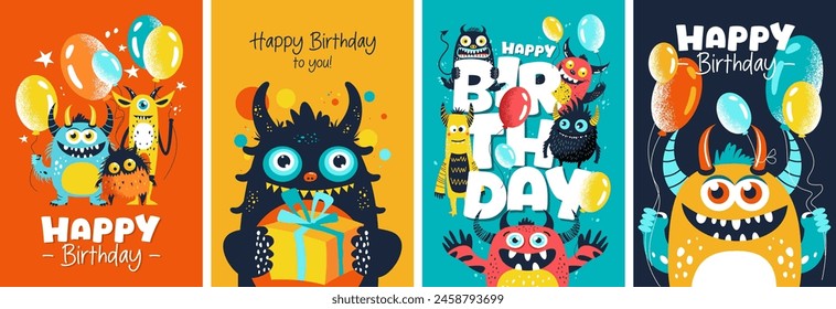 Conjunto de postales con pequeños monstruos lindos, regalo y globos. Fiesta, fiesta, vacaciones, feliz cumpleaños. Plantillas de Vector para tarjeta, póster, volante, Anuncio y otros