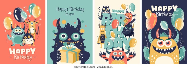 Set of postcards with cute little monsters, gift and balloons. Holliday, party, vacation, happy birthday. Vector templates for card, poster, flyer, banner and other