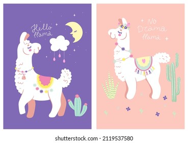 Set of postcards with cute llamas. Vector graphics.