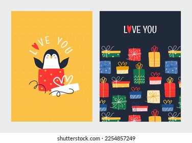 A set of postcards with a cute penguin, gifts and text. Vector illustration for the holiday.