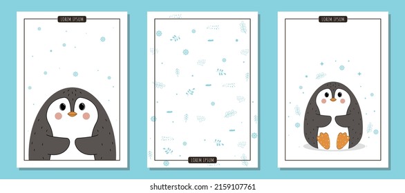 Un conjunto de postales con un pingüino lindo, un conjunto de postales con animales polares, un conjunto de ilustraciones A4 para un afiche con un pingüino vector lindo, animales en el Polo Sur